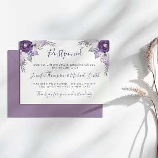 Purple & Silver Watercolor Wedding Change of Plans Invitation