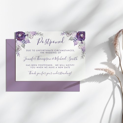 Purple  Silver Watercolor Wedding Change of Plans Invitation