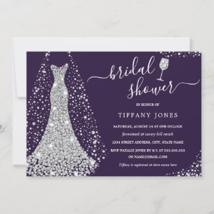 Purple Silver Wedding Dress Bridal Shower Invitation