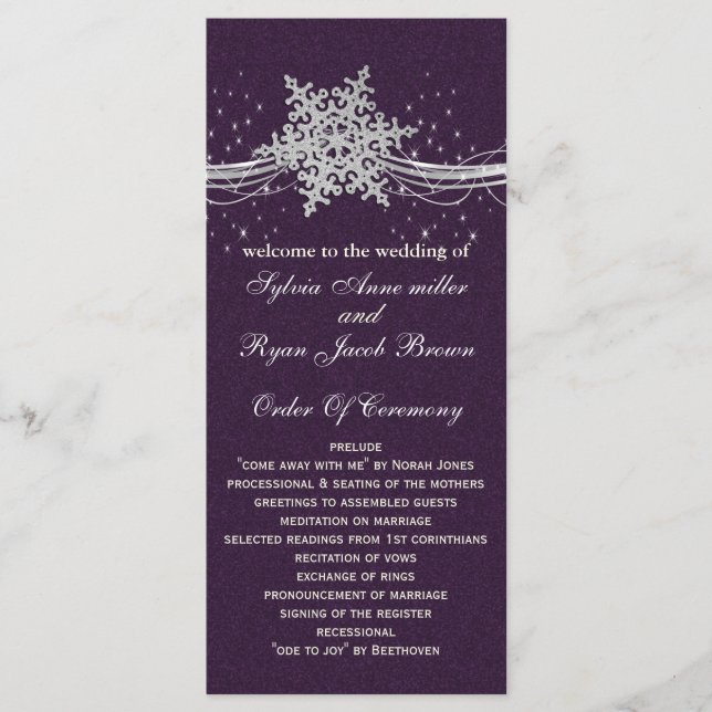 purple Silver  wedding programs tea length (Front)