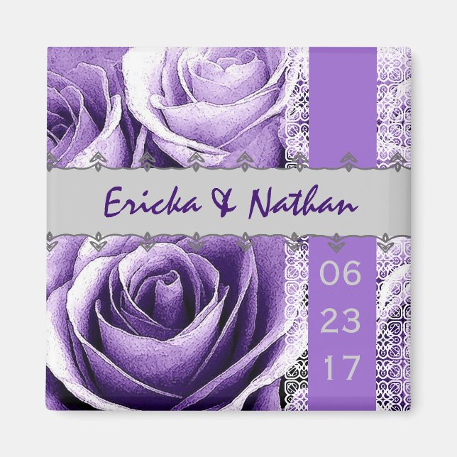 Purple & Silver Wedding Rose Bouquet with Lace Magnet (Front)