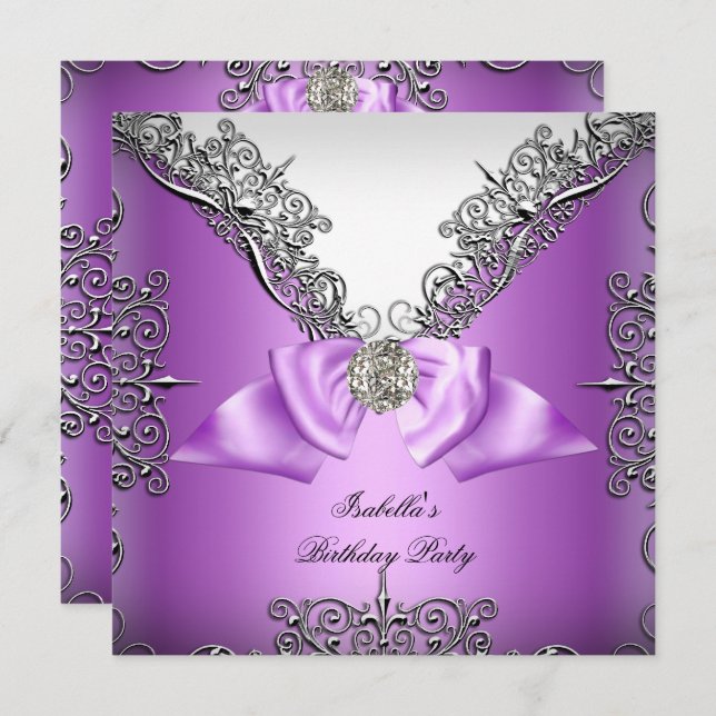 Purple Silver white Birthday Party Invitation (Front/Back)