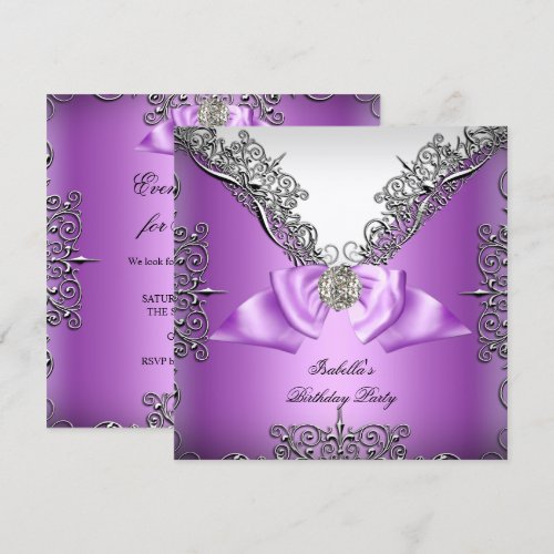 Purple Silver white Birthday Party Announcement