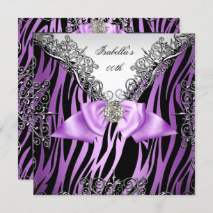 Purple Silver White Black Zebra Birthday Party Invitation