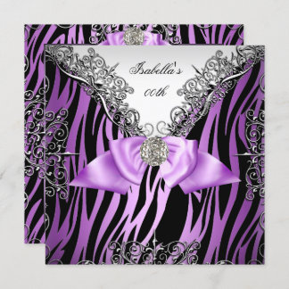 Purple Silver White Black Zebra Birthday Party Invitation