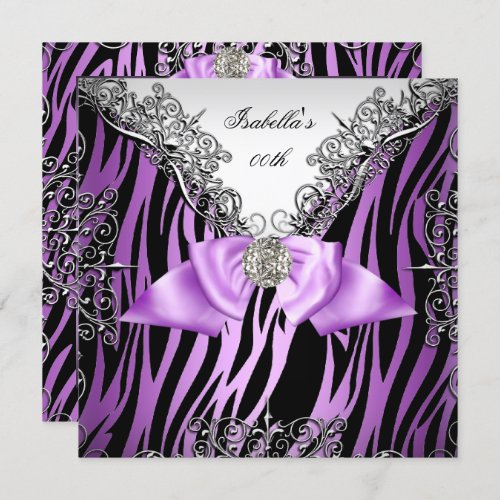 Purple Silver White Black Zebra Birthday Party Invitation