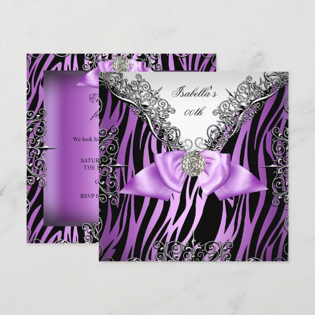 Purple Silver White Black Zebra Birthday Party Invitation | Zazzle