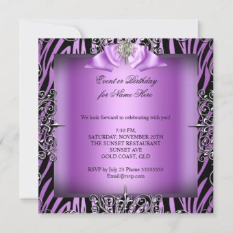 Purple Silver White Black Zebra Birthday Party Invitation | Zazzle