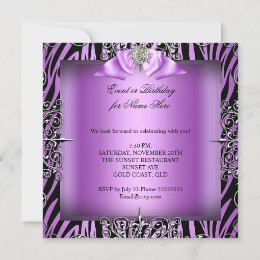 Purple Silver White Black Zebra Birthday Party Invitation | Zazzle