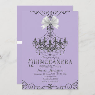 Purple & Silver White Bow Quinceañera 15 15th Invitation