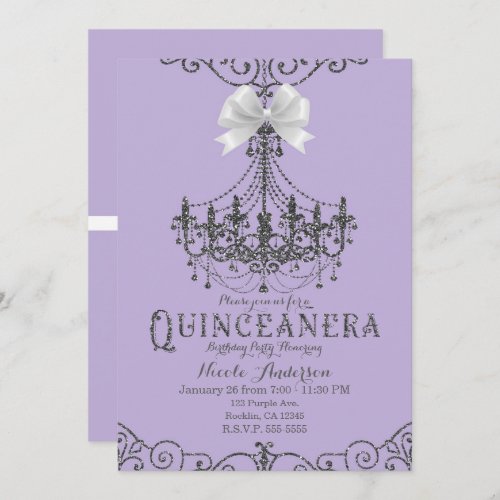 Purple  Silver White Bow Quinceaera 15 15th Invitation