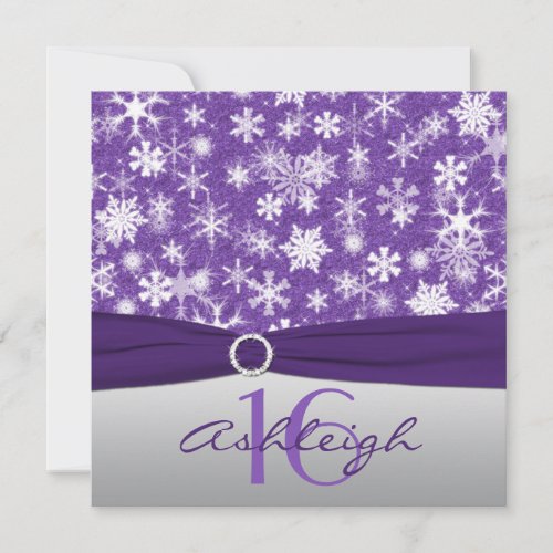 Purple Silver White Snowflake Birthday Invitation