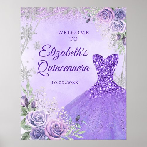 Purple Silver Winter Floral Quinceaera Welcome Poster