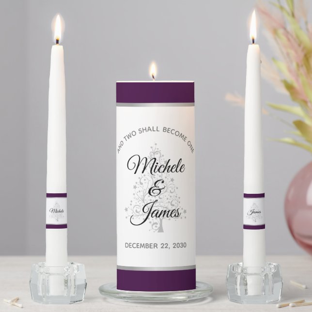Purple Silver Winter Holiday Wedding Ceremony Unity Candle Set (In Situ)