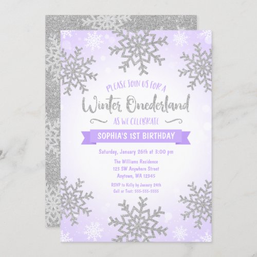 Purple Silver Winter ONEderland 1st Birthday Invitation