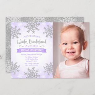 Purple Silver Winter ONEderland 1st Birthday Photo Invitation