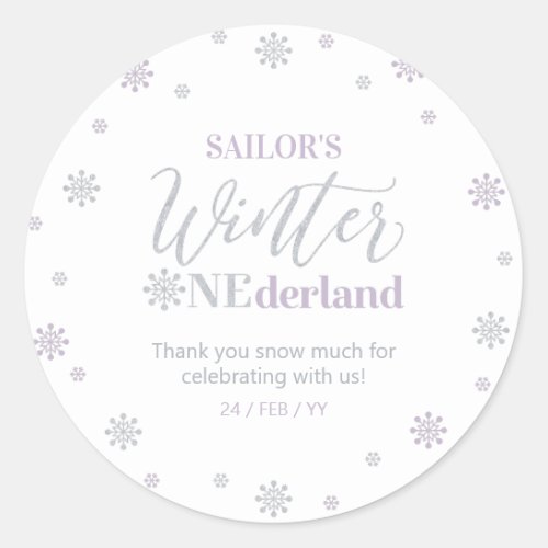 Purple  Silver Winter onederland Thank you Favor Classic Round Sticker