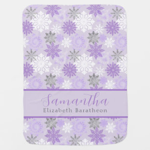 Purple & Silver Winter Snowflake Personalized Name Baby Blanket