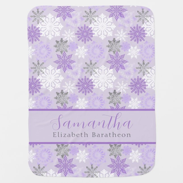 Purple & Silver Winter Snowflake Personalized Name Baby Blanket (Front)