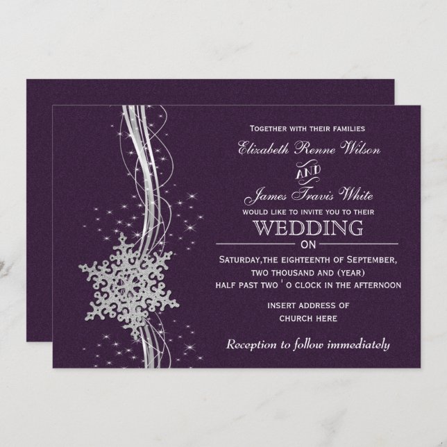 purple Silver Winter wedding invitations (Front/Back)