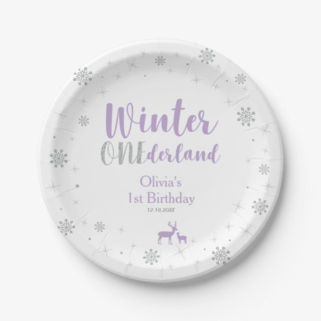 Purple & Silver, Winter Wonderland Birthday Party Paper Plates (Front)