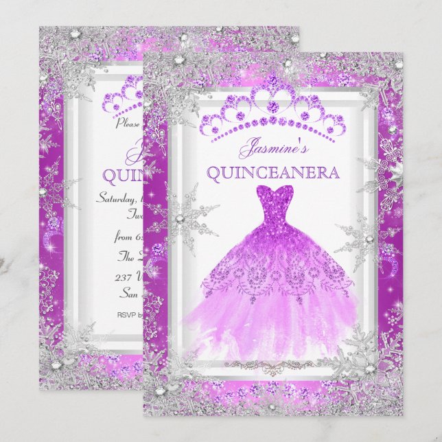 Purple Silver Winter Wonderland Quinceanera Party Invitation (Front/Back)
