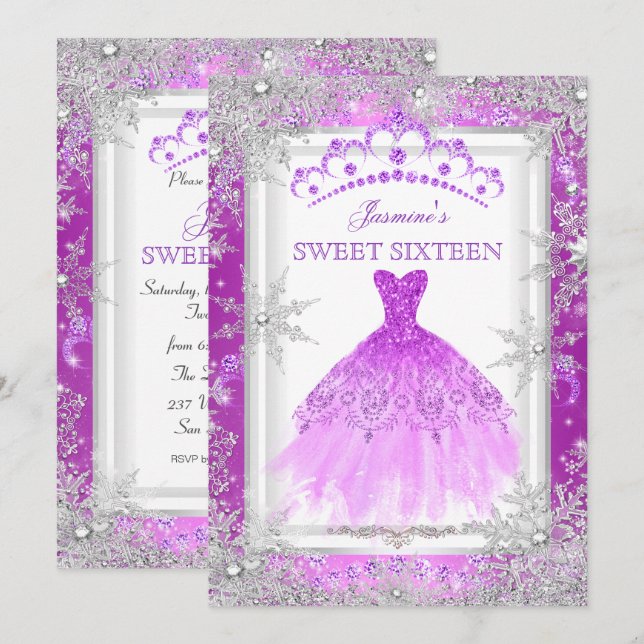 Purple Silver Winter Wonderland Sweet 16 Invitation (Front/Back)