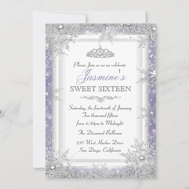 Purple Silver Winter Wonderland Sweet 16 Invite (Front)