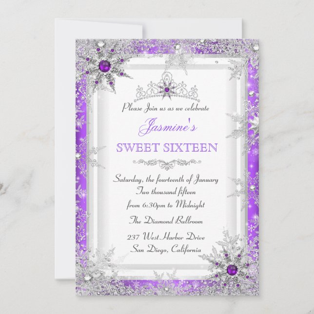 Purple Silver Winter Wonderland Sweet 16 Snowflake Invitation (Front)