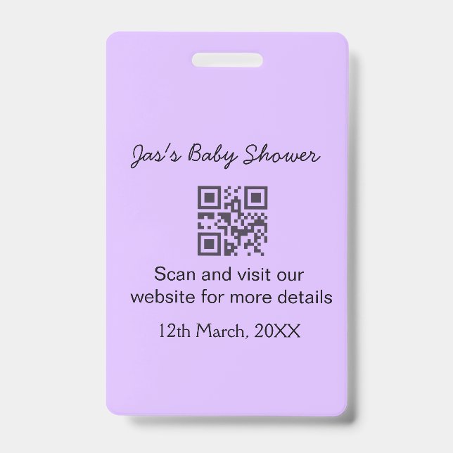 Purple simple baby shower q r code add name text badge (Front)