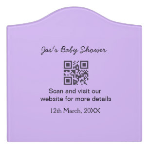 Purple simple baby shower q r code add name text door sign