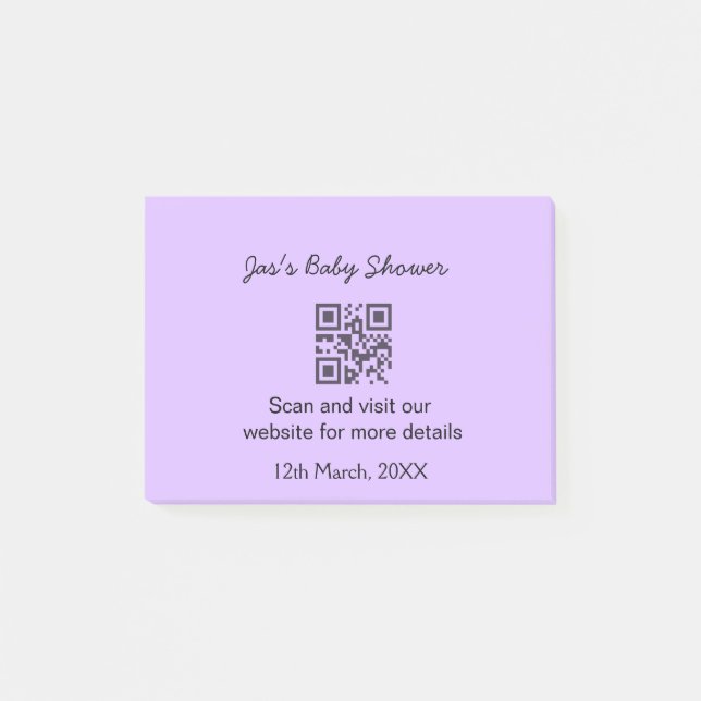 Purple simple baby shower q r code add name text post-it notes (Front)
