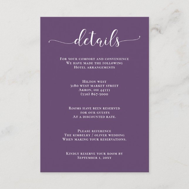 Purple Simple Calligraphy Modern Wedding  Enclosure Card (Front)