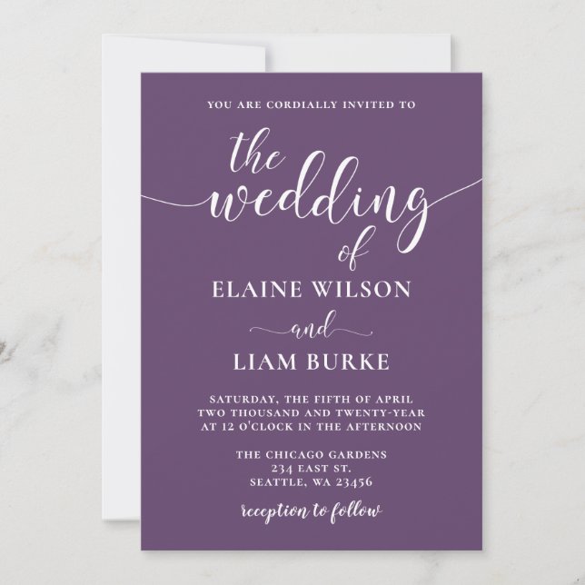 Purple Simple Calligraphy Modern Wedding Invitation (Front)