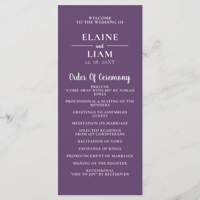 Purple Simple Calligraphy Modern Wedding   Program (Front)