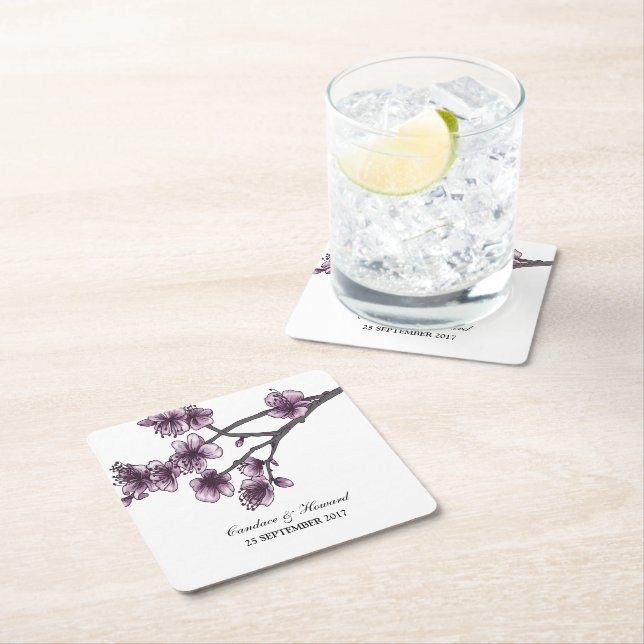 Purple Simple Cherry Blossoms Paper Coasters (Insitu)
