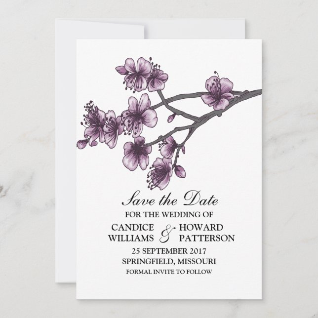Purple Simple Cherry Blossoms Save the Date Invite (Front)