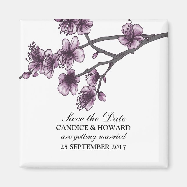 Purple Simple Cherry Blossoms Save the Date Magnet (Front)