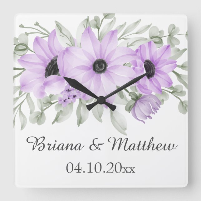 Purple Simple Elegant Floral Bridal Shower Gift Square Wall Clock (Front)