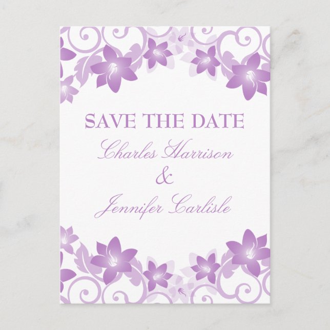 Purple Simple Floral Save the Date Postcard (Front)