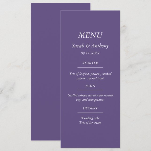 Purple Simple Minimalist Elegant Wedding Food  Menu (Front/Back)