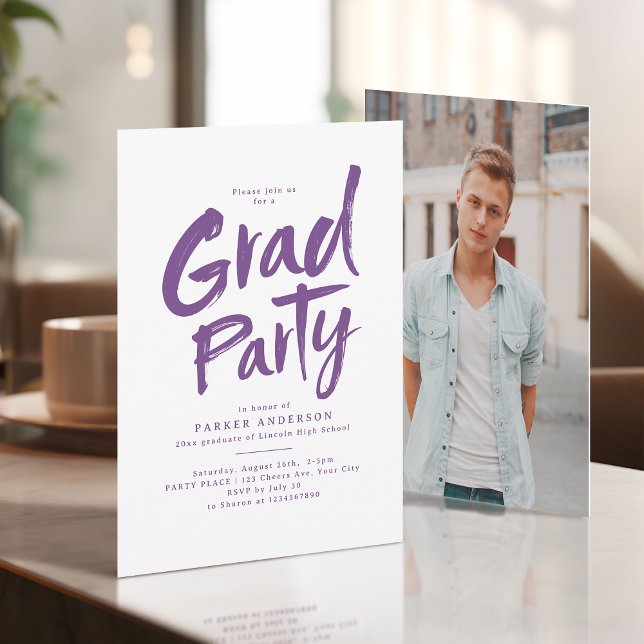 Purple Simple Modern Brush Script Grad Party Invitation (Purple Simple Modern Brush Script Grad Party Invitation)