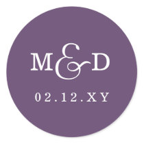 Purple Simple Modern Monogram Wedding Classic Round Sticker