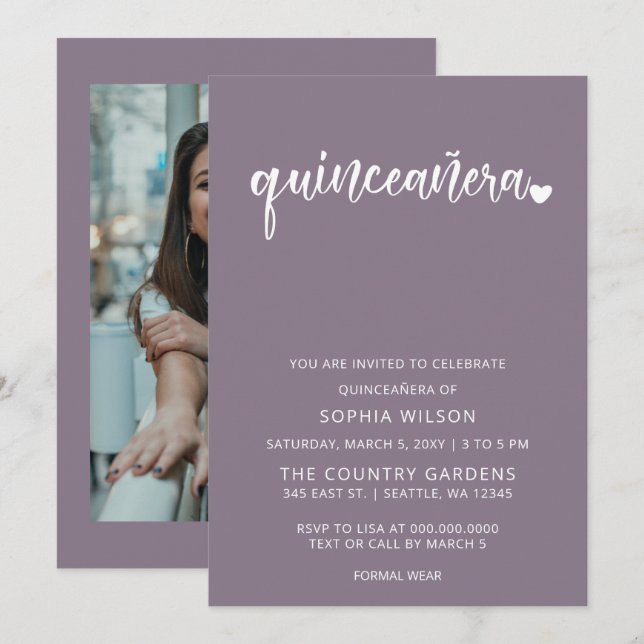 Purple Simple Script Quinceanera Photo Invitation (Front/Back)