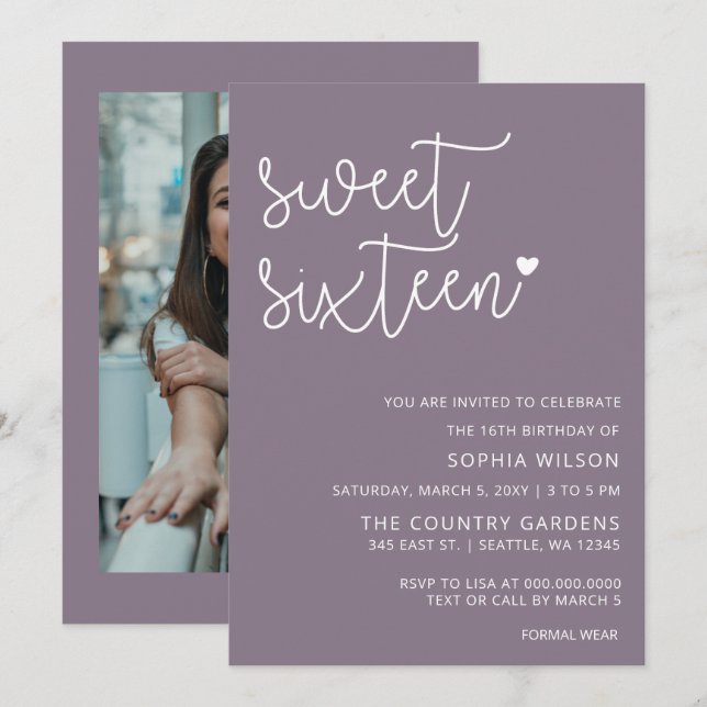 Purple Simple Script Sweet 16 Birthday Photo  Invitation (Front/Back)