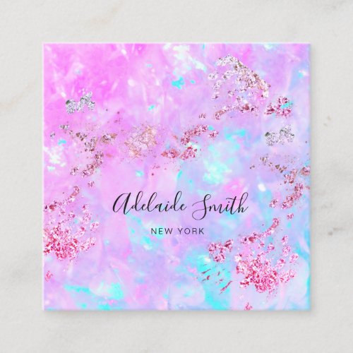 purple simulated glitter on faux iridescent opal square business card