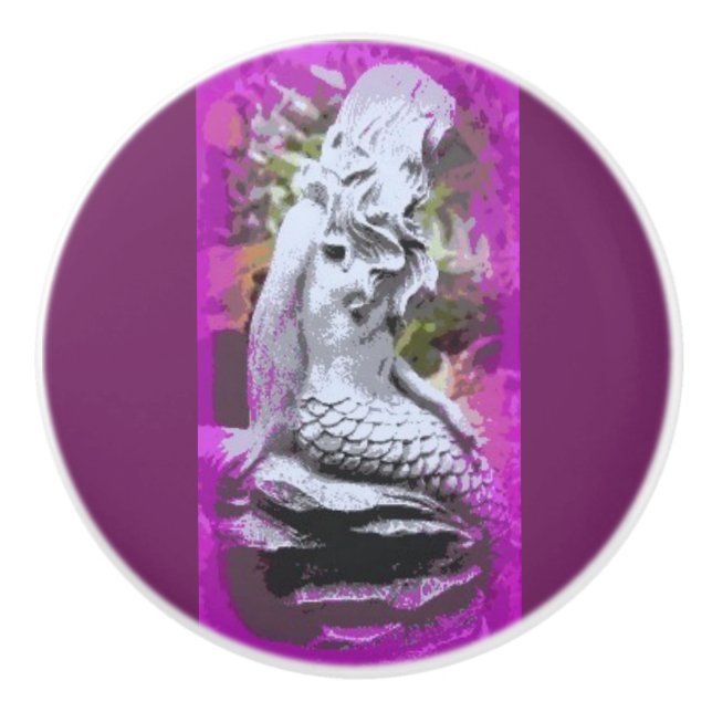purple sitting mermaid ceramic knob (Front)