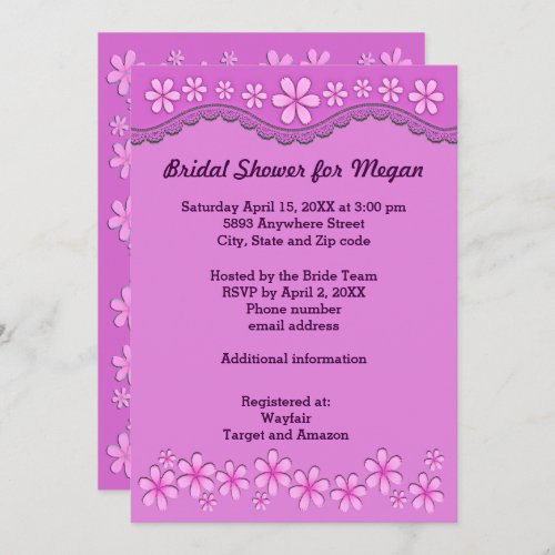 Purple Six Petal Pink Flowers Bridal Shower Invite