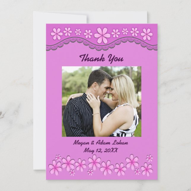Purple Six Petal Pink Flowers Thank You Flat Card (Front)