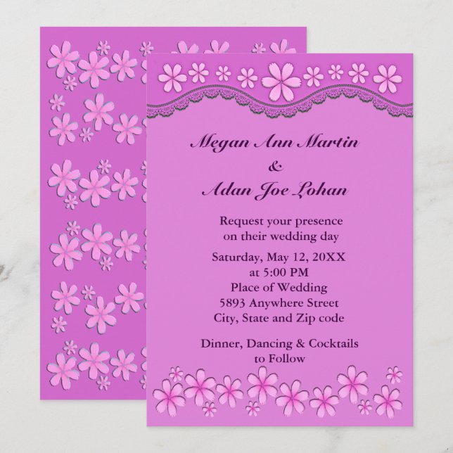 Purple Six Petal Pink Flowers Wedding Invitation (Front/Back)